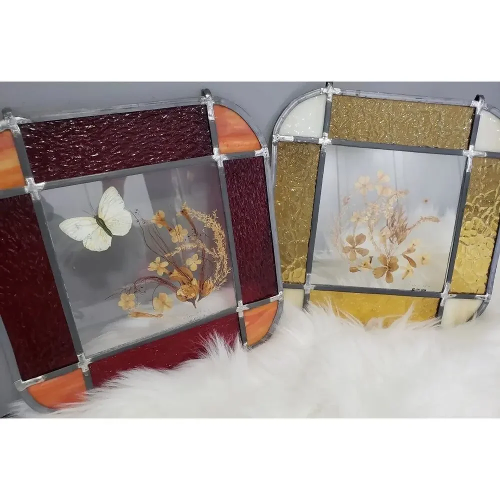 Vintage Real Butterfly Dried Pressed Flower Stained Glass Sun Catcher Decor Boho
